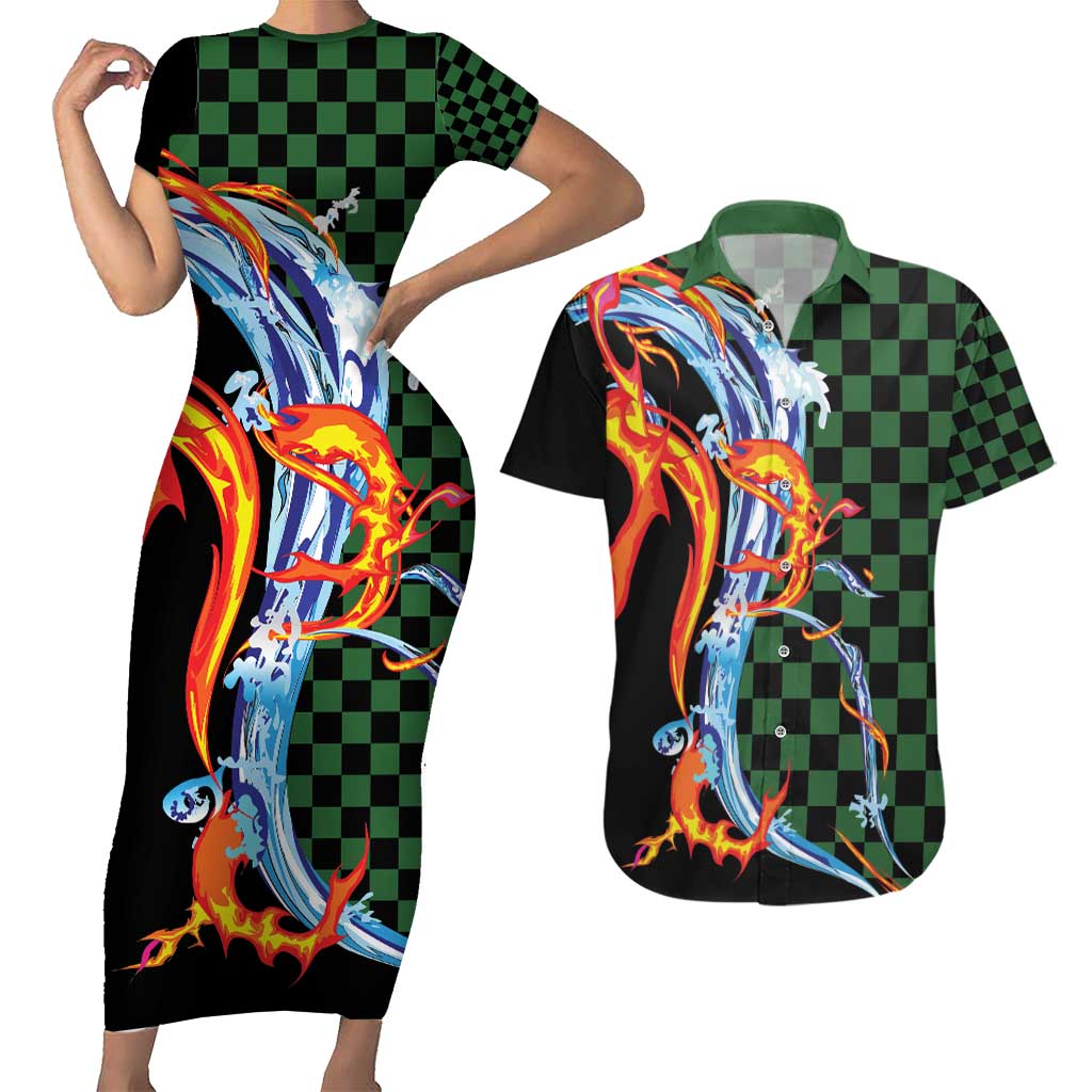 Japanese Asanoha Pattern Couples Matching Short Sleeve Bodycon Dress and Hawaiian Shirt Sun Flame Slayer Dragon Hinokami Kagura Spirit - Wonder Print Shop