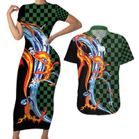 Japanese Asanoha Pattern Couples Matching Short Sleeve Bodycon Dress and Hawaiian Shirt Sun Flame Slayer Dragon Hinokami Kagura Spirit - Wonder Print Shop
