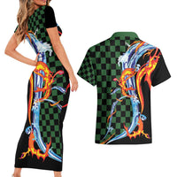 Japanese Asanoha Pattern Couples Matching Short Sleeve Bodycon Dress and Hawaiian Shirt Sun Flame Slayer Dragon Hinokami Kagura Spirit - Wonder Print Shop