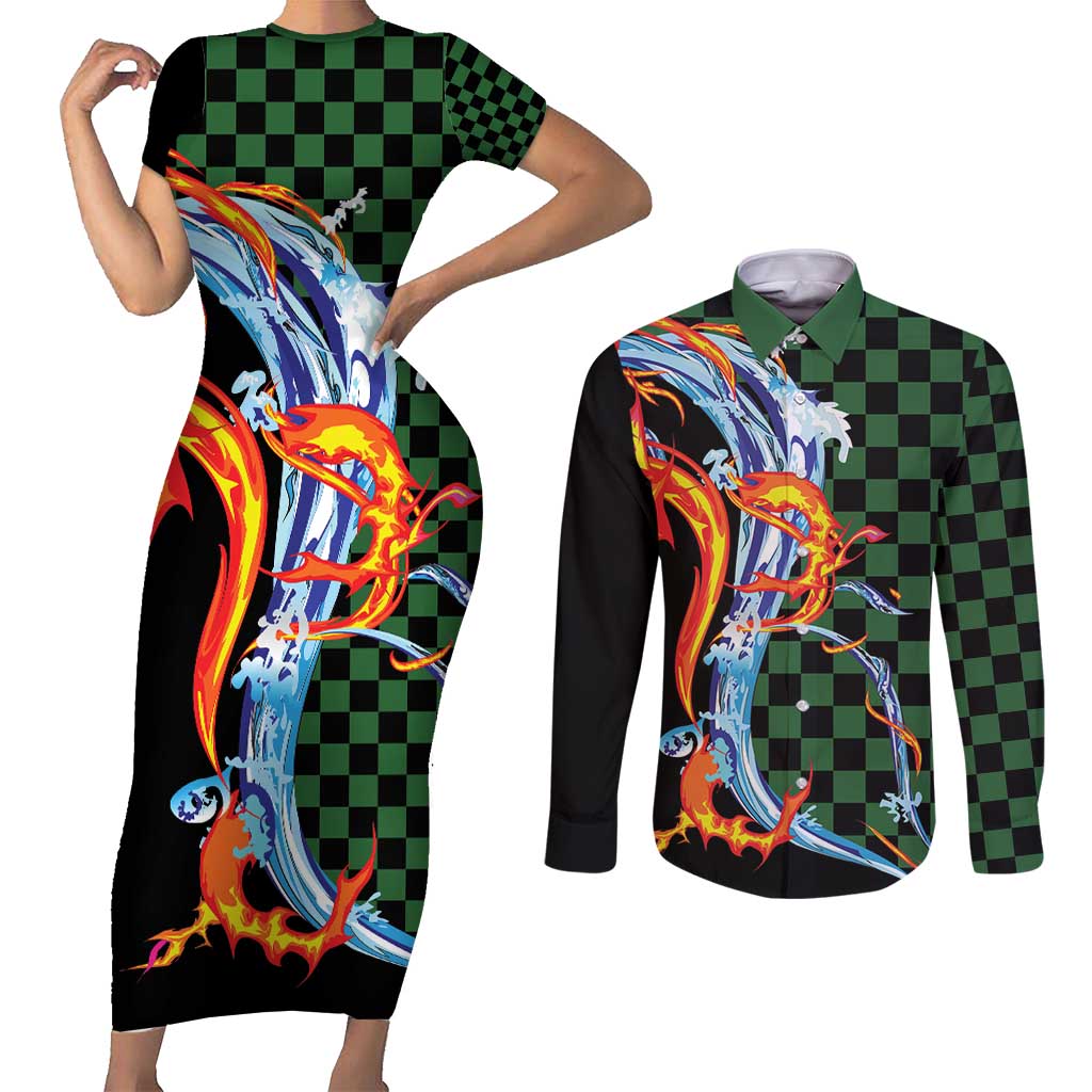 Japanese Asanoha Pattern Couples Matching Short Sleeve Bodycon Dress and Long Sleeve Button Shirt Sun Flame Slayer Dragon Hinokami Kagura Spirit - Wonder Print Shop