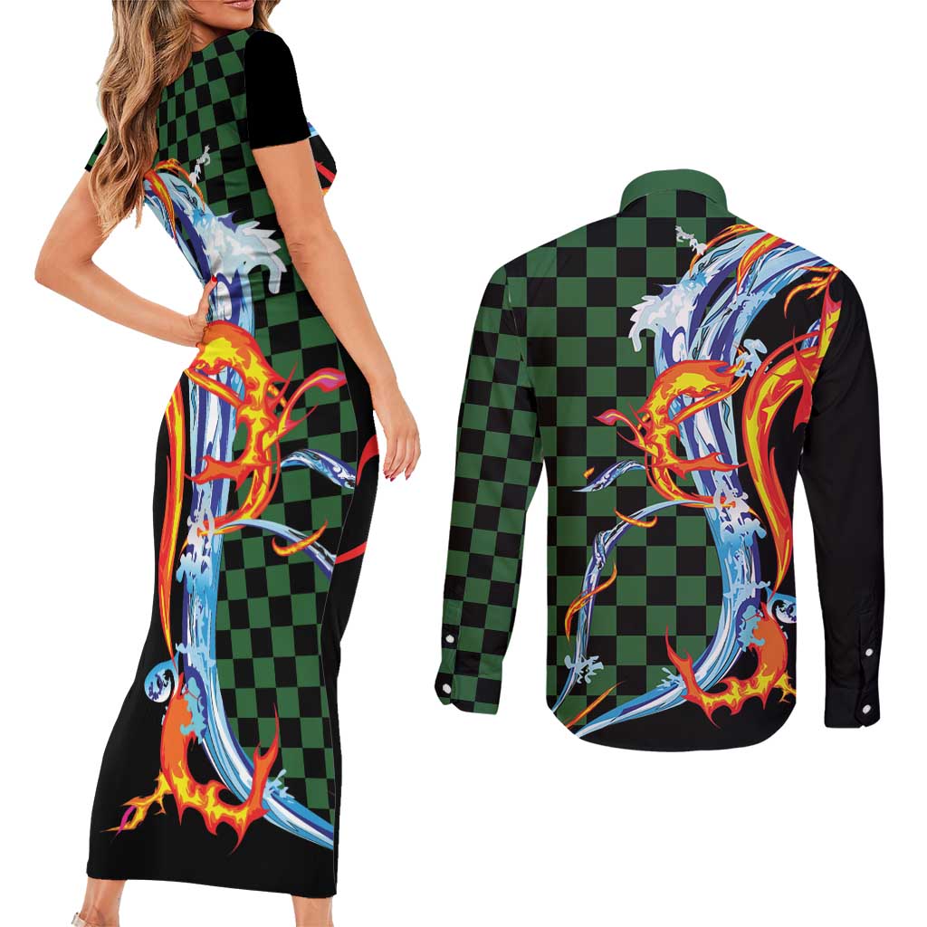 Japanese Asanoha Pattern Couples Matching Short Sleeve Bodycon Dress and Long Sleeve Button Shirt Sun Flame Slayer Dragon Hinokami Kagura Spirit - Wonder Print Shop