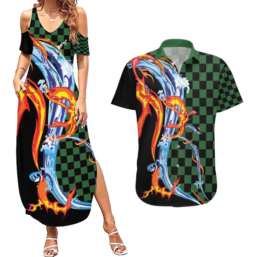 Japanese Asanoha Pattern Couples Matching Summer Maxi Dress and Hawaiian Shirt Sun Flame Slayer Dragon Hinokami Kagura Spirit - Wonder Print Shop