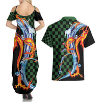 Japanese Asanoha Pattern Couples Matching Summer Maxi Dress and Hawaiian Shirt Sun Flame Slayer Dragon Hinokami Kagura Spirit - Wonder Print Shop