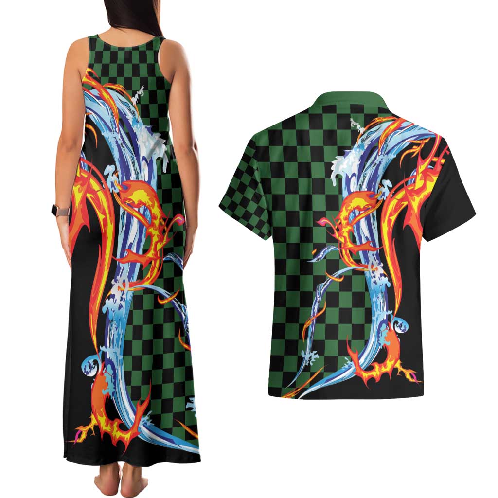 Japanese Asanoha Pattern Couples Matching Tank Maxi Dress and Hawaiian Shirt Sun Flame Slayer Dragon Hinokami Kagura Spirit - Wonder Print Shop