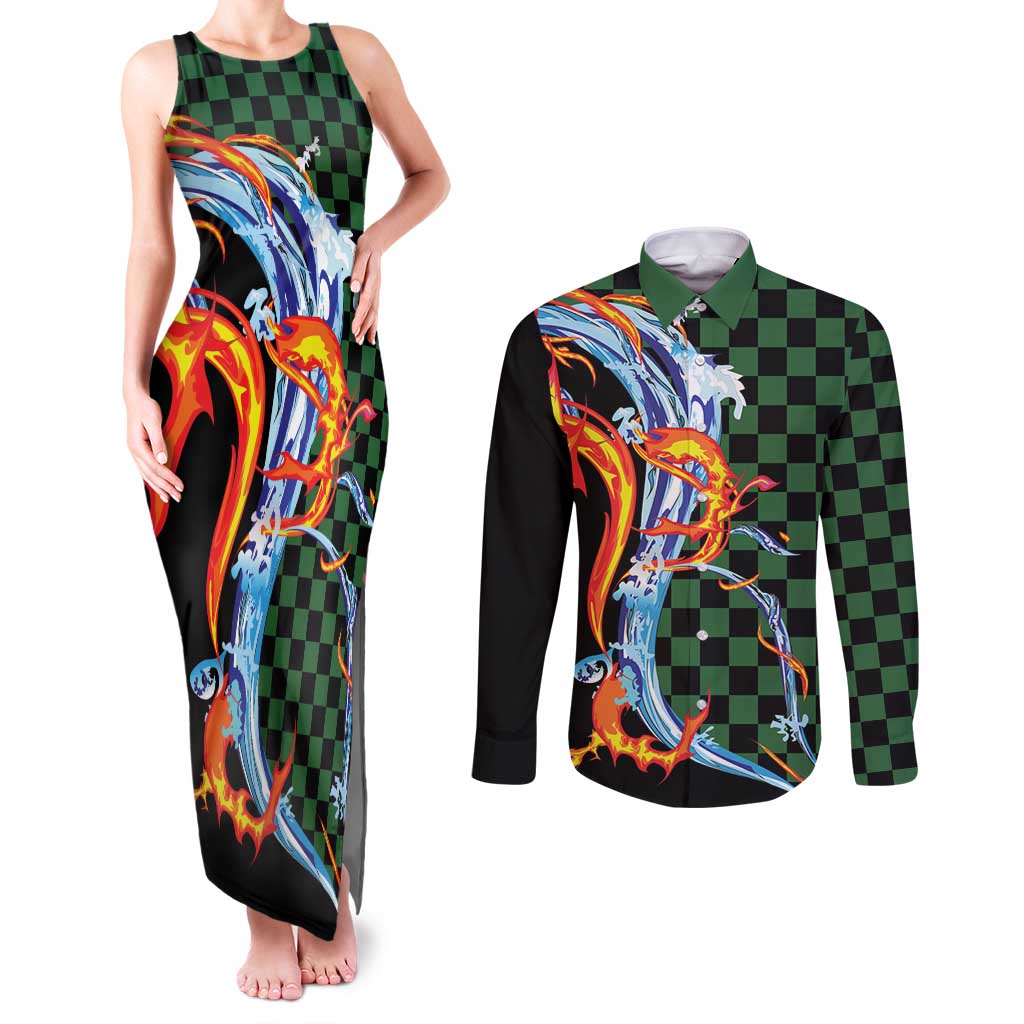 Japanese Asanoha Pattern Couples Matching Tank Maxi Dress and Long Sleeve Button Shirt Sun Flame Slayer Dragon Hinokami Kagura Spirit - Wonder Print Shop