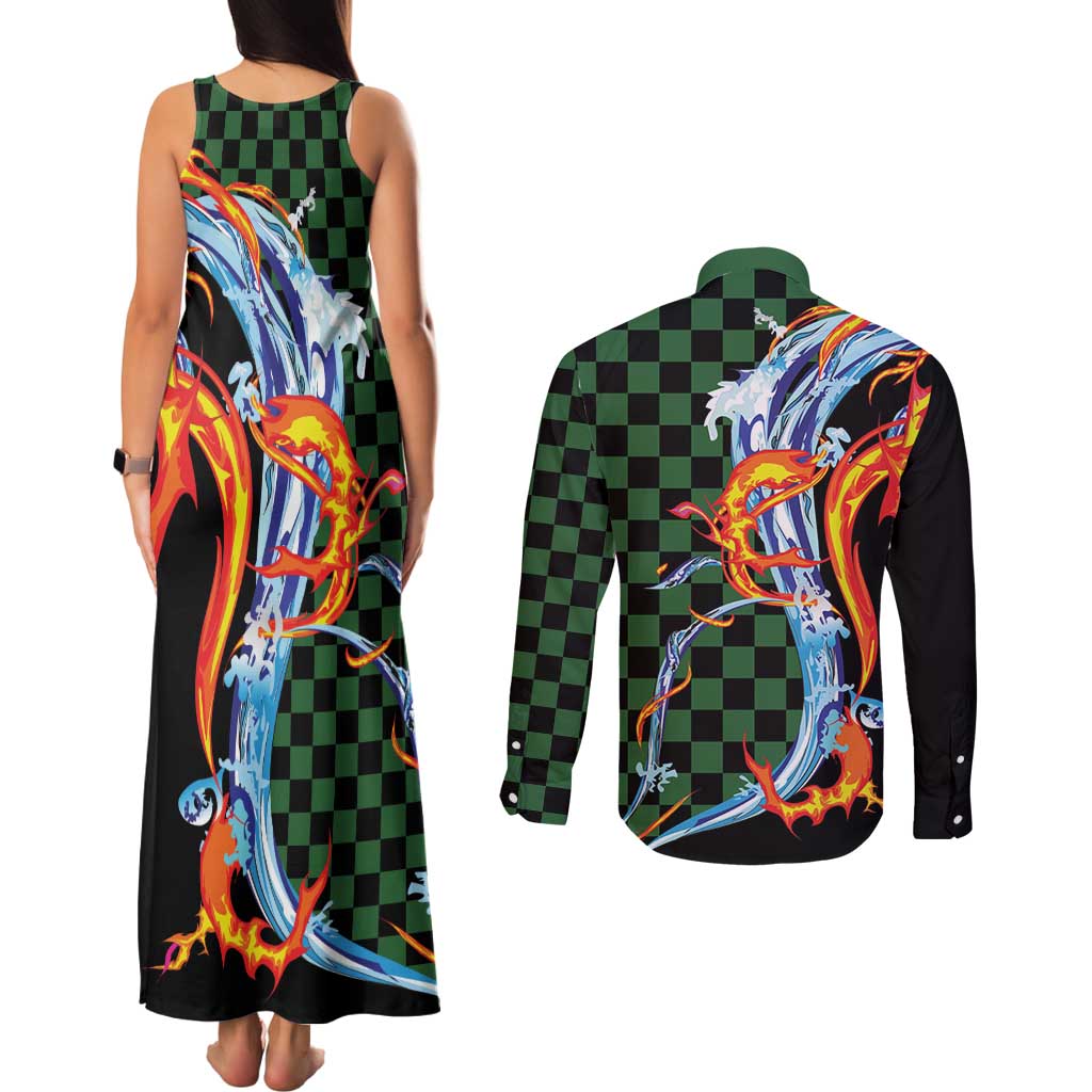 Japanese Asanoha Pattern Couples Matching Tank Maxi Dress and Long Sleeve Button Shirt Sun Flame Slayer Dragon Hinokami Kagura Spirit - Wonder Print Shop