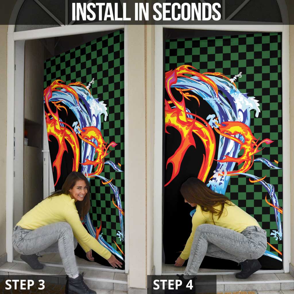 Japanese Asanoha Pattern Door Cover Sun Flame Slayer Dragon Hinokami Kagura Spirit - Wonder Print Shop