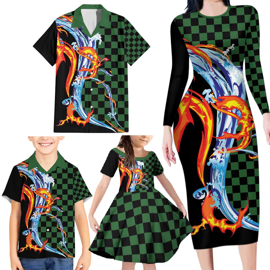Japanese Asanoha Pattern Family Matching Long Sleeve Bodycon Dress and Hawaiian Shirt Sun Flame Slayer Dragon Hinokami Kagura Spirit - Wonder Print Shop