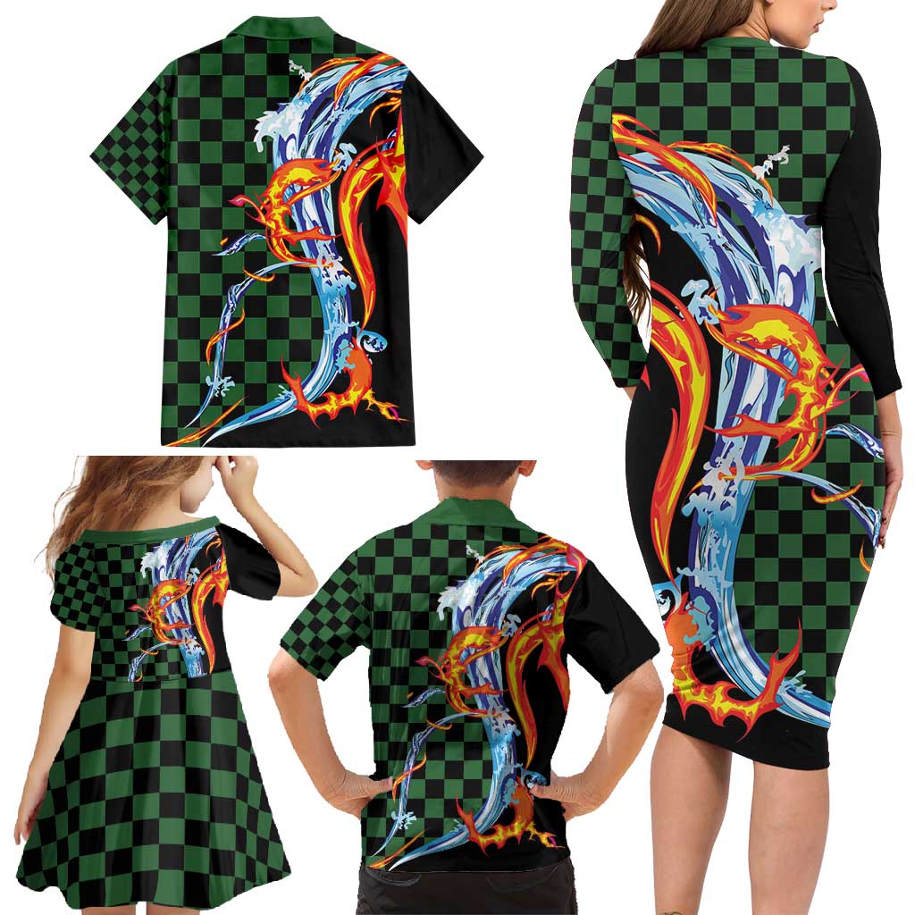 Japanese Asanoha Pattern Family Matching Long Sleeve Bodycon Dress and Hawaiian Shirt Sun Flame Slayer Dragon Hinokami Kagura Spirit - Wonder Print Shop