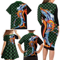 Japanese Asanoha Pattern Family Matching Long Sleeve Bodycon Dress and Hawaiian Shirt Sun Flame Slayer Dragon Hinokami Kagura Spirit - Wonder Print Shop
