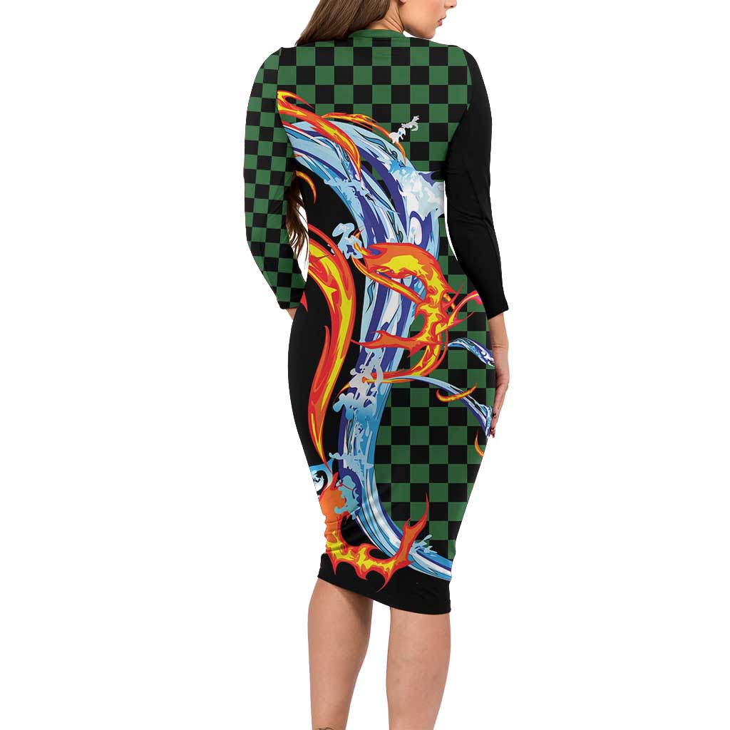 Japanese Asanoha Pattern Family Matching Long Sleeve Bodycon Dress and Hawaiian Shirt Sun Flame Slayer Dragon Hinokami Kagura Spirit - Wonder Print Shop