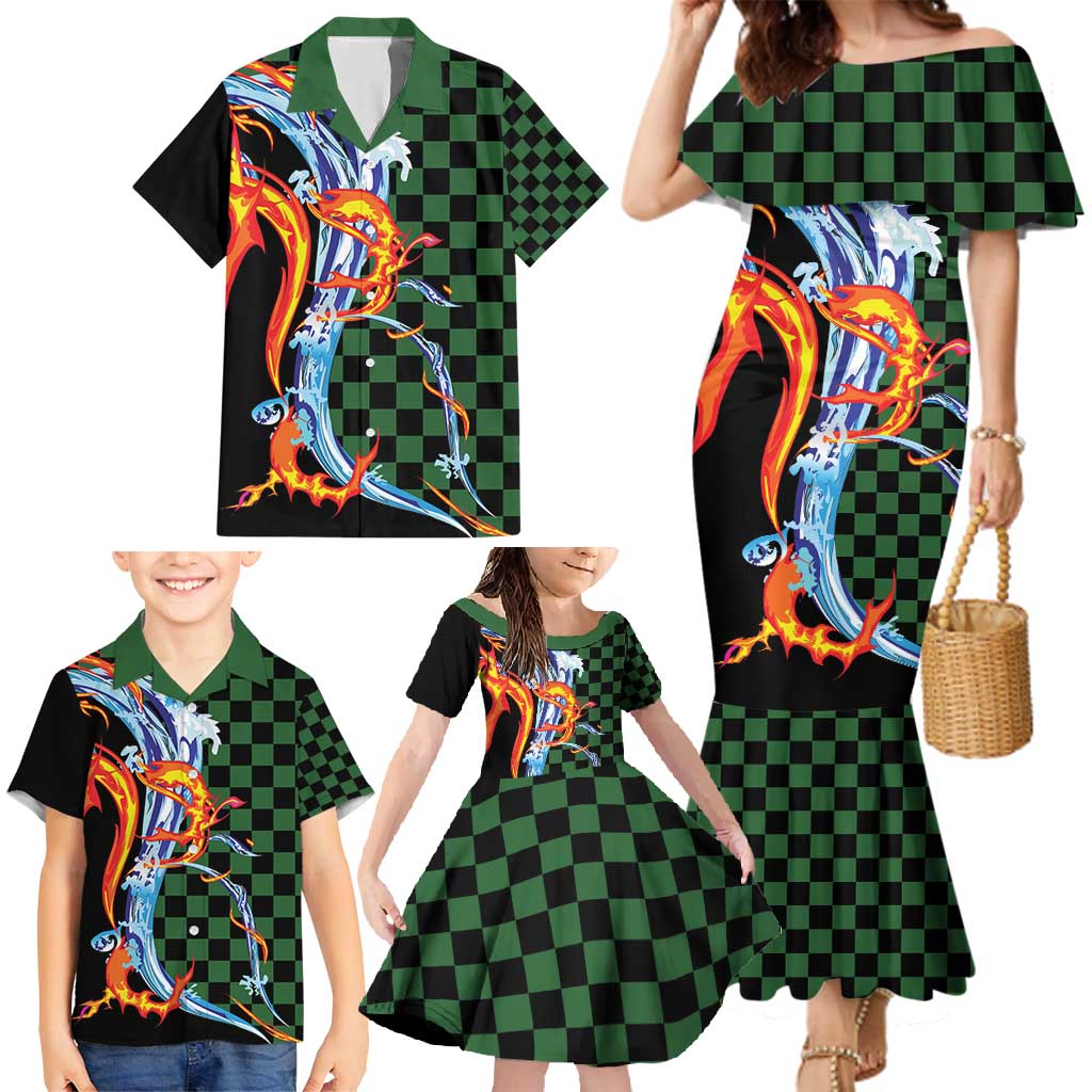 Japanese Asanoha Pattern Family Matching Mermaid Dress and Hawaiian Shirt Sun Flame Slayer Dragon Hinokami Kagura Spirit - Wonder Print Shop