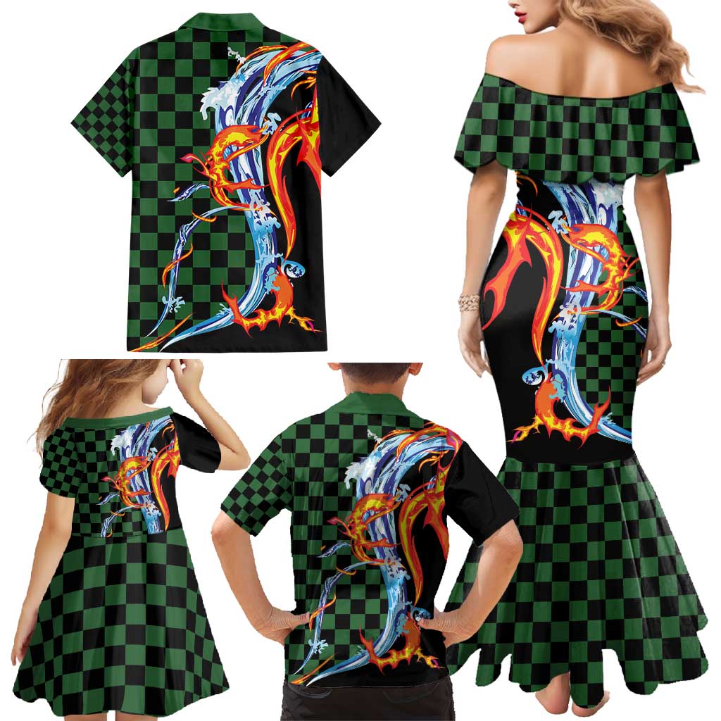 Japanese Asanoha Pattern Family Matching Mermaid Dress and Hawaiian Shirt Sun Flame Slayer Dragon Hinokami Kagura Spirit - Wonder Print Shop