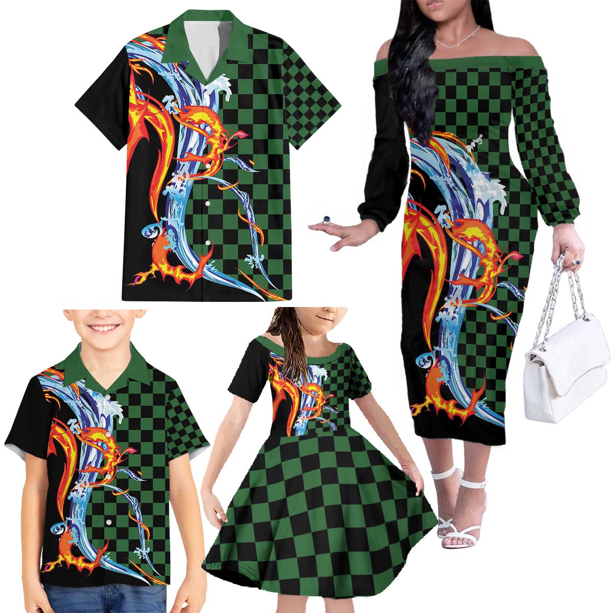 Japanese Asanoha Pattern Family Matching Off The Shoulder Long Sleeve Dress and Hawaiian Shirt Sun Flame Slayer Dragon Hinokami Kagura Spirit - Wonder Print Shop