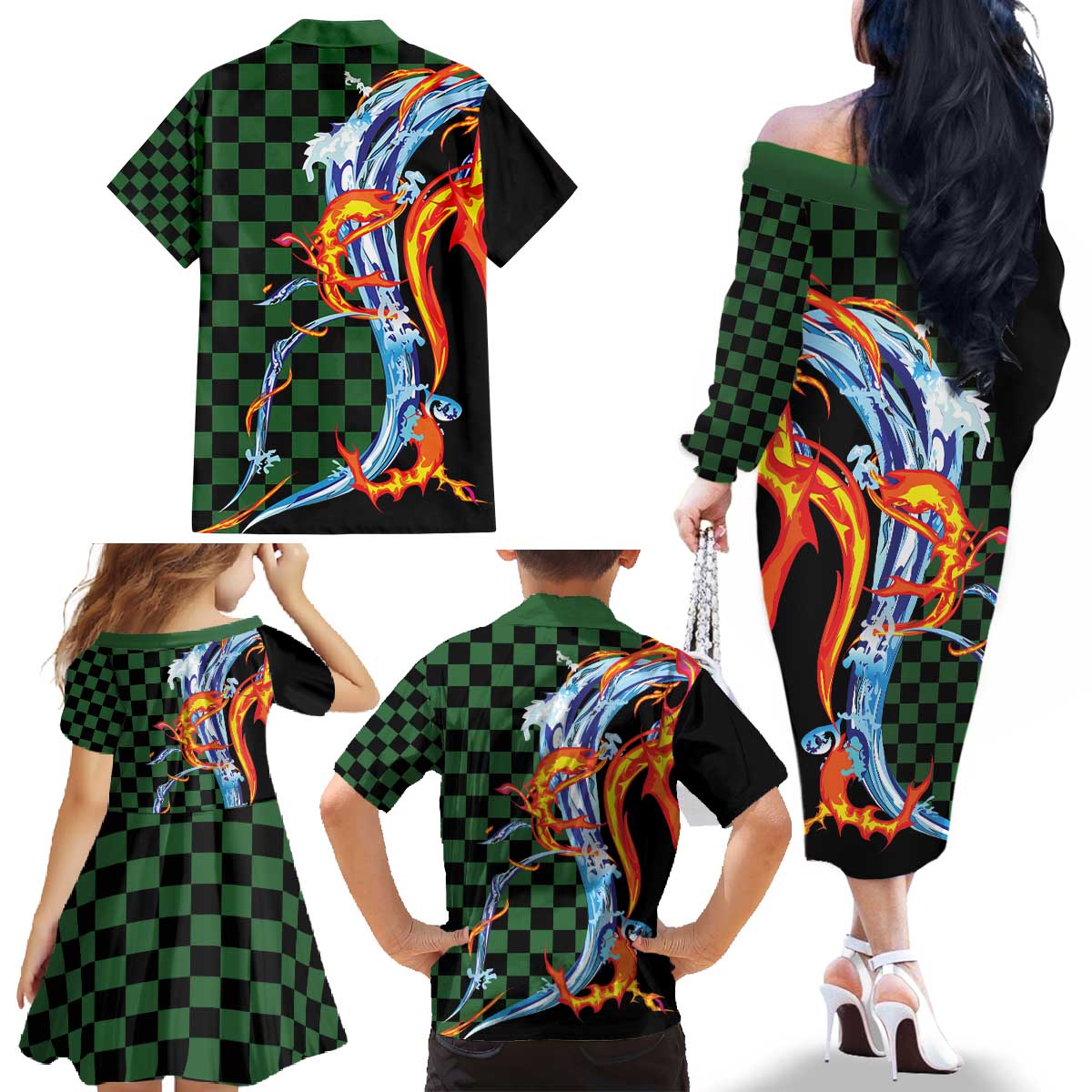 Japanese Asanoha Pattern Family Matching Off The Shoulder Long Sleeve Dress and Hawaiian Shirt Sun Flame Slayer Dragon Hinokami Kagura Spirit - Wonder Print Shop