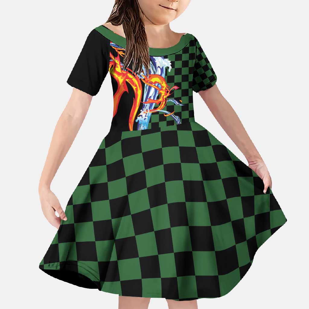 Japanese Asanoha Pattern Family Matching Off Shoulder Maxi Dress and Hawaiian Shirt Sun Flame Slayer Dragon Hinokami Kagura Spirit - Wonder Print Shop