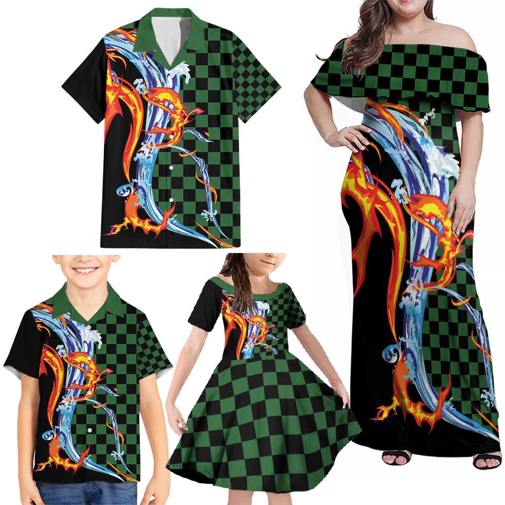 Japanese Asanoha Pattern Family Matching Off Shoulder Maxi Dress and Hawaiian Shirt Sun Flame Slayer Dragon Hinokami Kagura Spirit - Wonder Print Shop