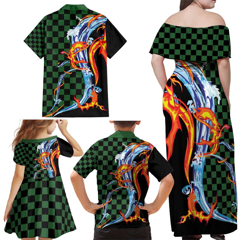 Japanese Asanoha Pattern Family Matching Off Shoulder Maxi Dress and Hawaiian Shirt Sun Flame Slayer Dragon Hinokami Kagura Spirit - Wonder Print Shop
