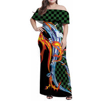 Japanese Asanoha Pattern Family Matching Off Shoulder Maxi Dress and Hawaiian Shirt Sun Flame Slayer Dragon Hinokami Kagura Spirit - Wonder Print Shop