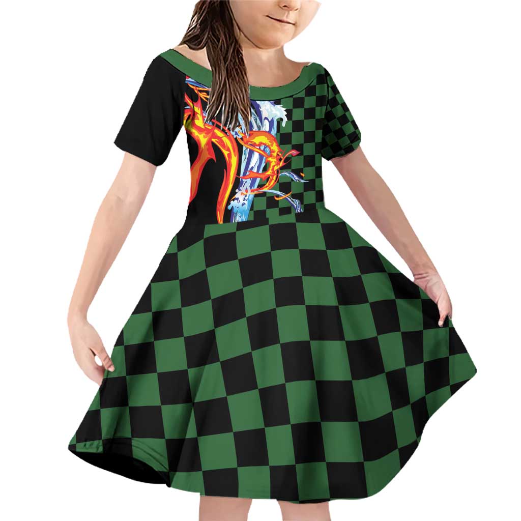 Japanese Asanoha Pattern Family Matching Off Shoulder Short Dress and Hawaiian Shirt Sun Flame Slayer Dragon Hinokami Kagura Spirit - Wonder Print Shop