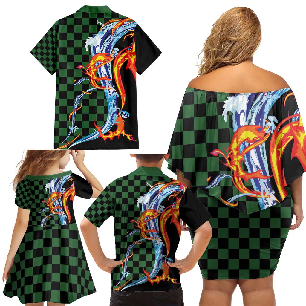 Japanese Asanoha Pattern Family Matching Off Shoulder Short Dress and Hawaiian Shirt Sun Flame Slayer Dragon Hinokami Kagura Spirit - Wonder Print Shop