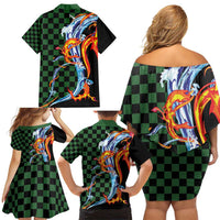 Japanese Asanoha Pattern Family Matching Off Shoulder Short Dress and Hawaiian Shirt Sun Flame Slayer Dragon Hinokami Kagura Spirit - Wonder Print Shop