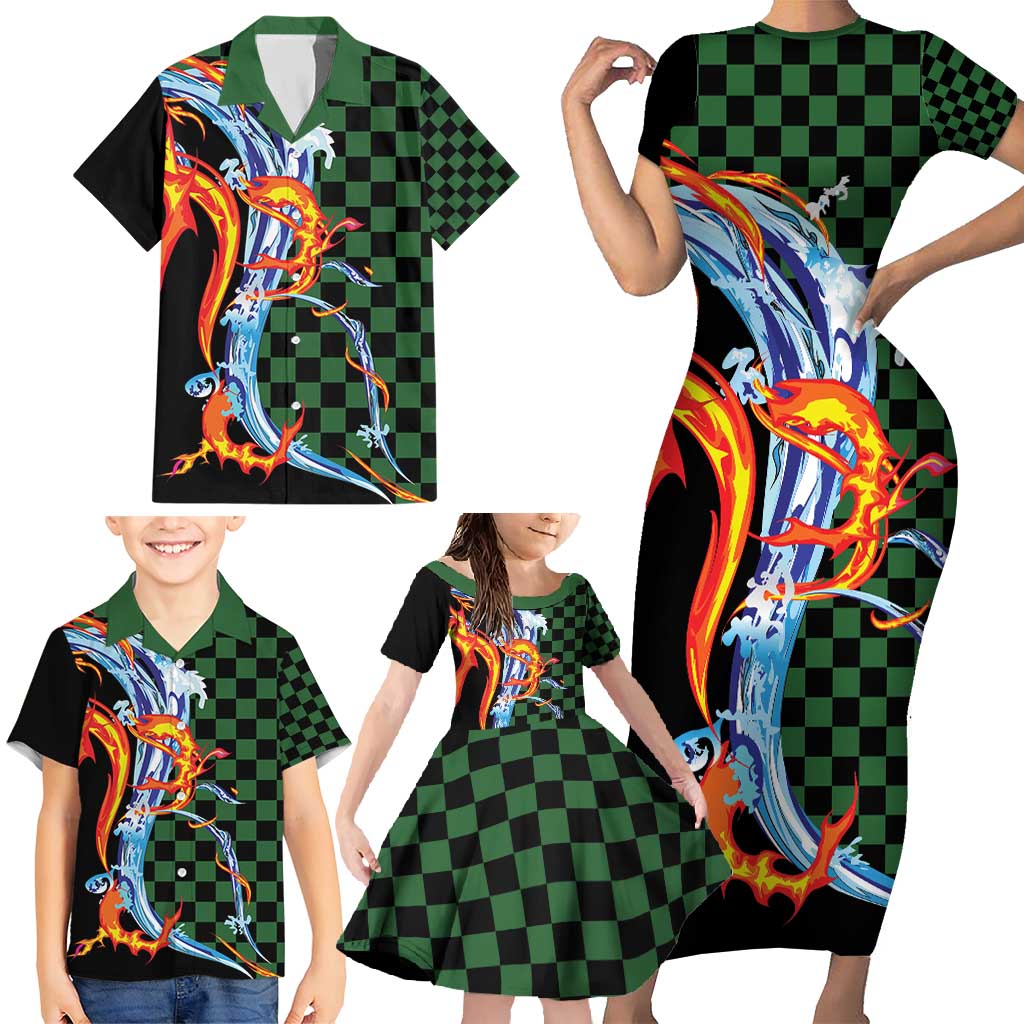 Japanese Asanoha Pattern Family Matching Short Sleeve Bodycon Dress and Hawaiian Shirt Sun Flame Slayer Dragon Hinokami Kagura Spirit - Wonder Print Shop