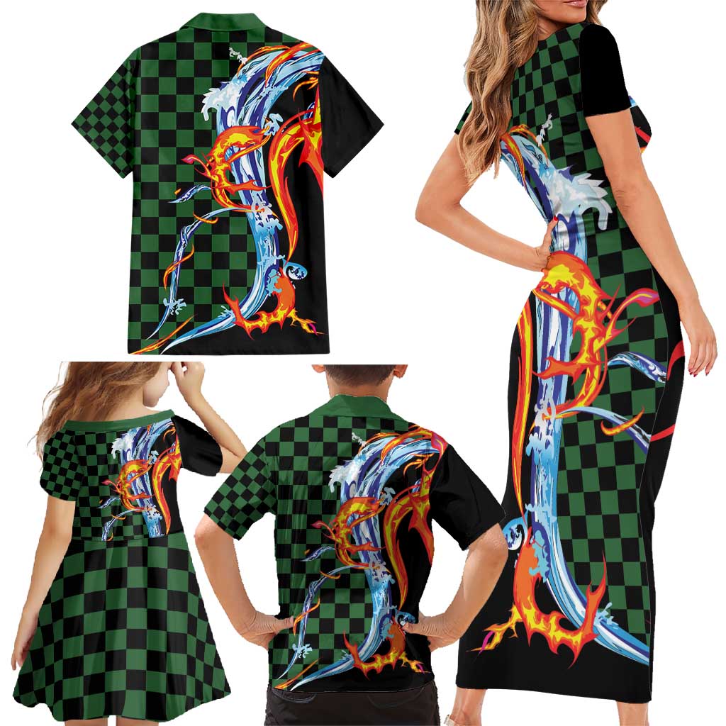 Japanese Asanoha Pattern Family Matching Short Sleeve Bodycon Dress and Hawaiian Shirt Sun Flame Slayer Dragon Hinokami Kagura Spirit - Wonder Print Shop