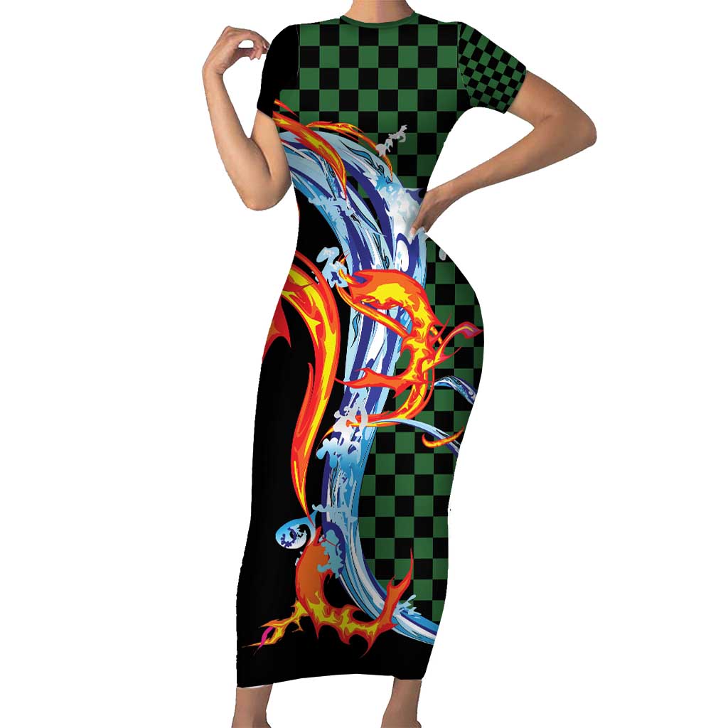 Japanese Asanoha Pattern Family Matching Short Sleeve Bodycon Dress and Hawaiian Shirt Sun Flame Slayer Dragon Hinokami Kagura Spirit - Wonder Print Shop