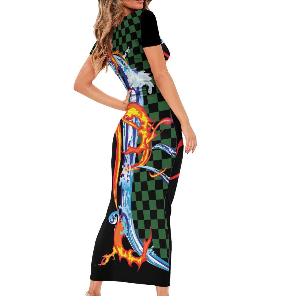 Japanese Asanoha Pattern Family Matching Short Sleeve Bodycon Dress and Hawaiian Shirt Sun Flame Slayer Dragon Hinokami Kagura Spirit - Wonder Print Shop