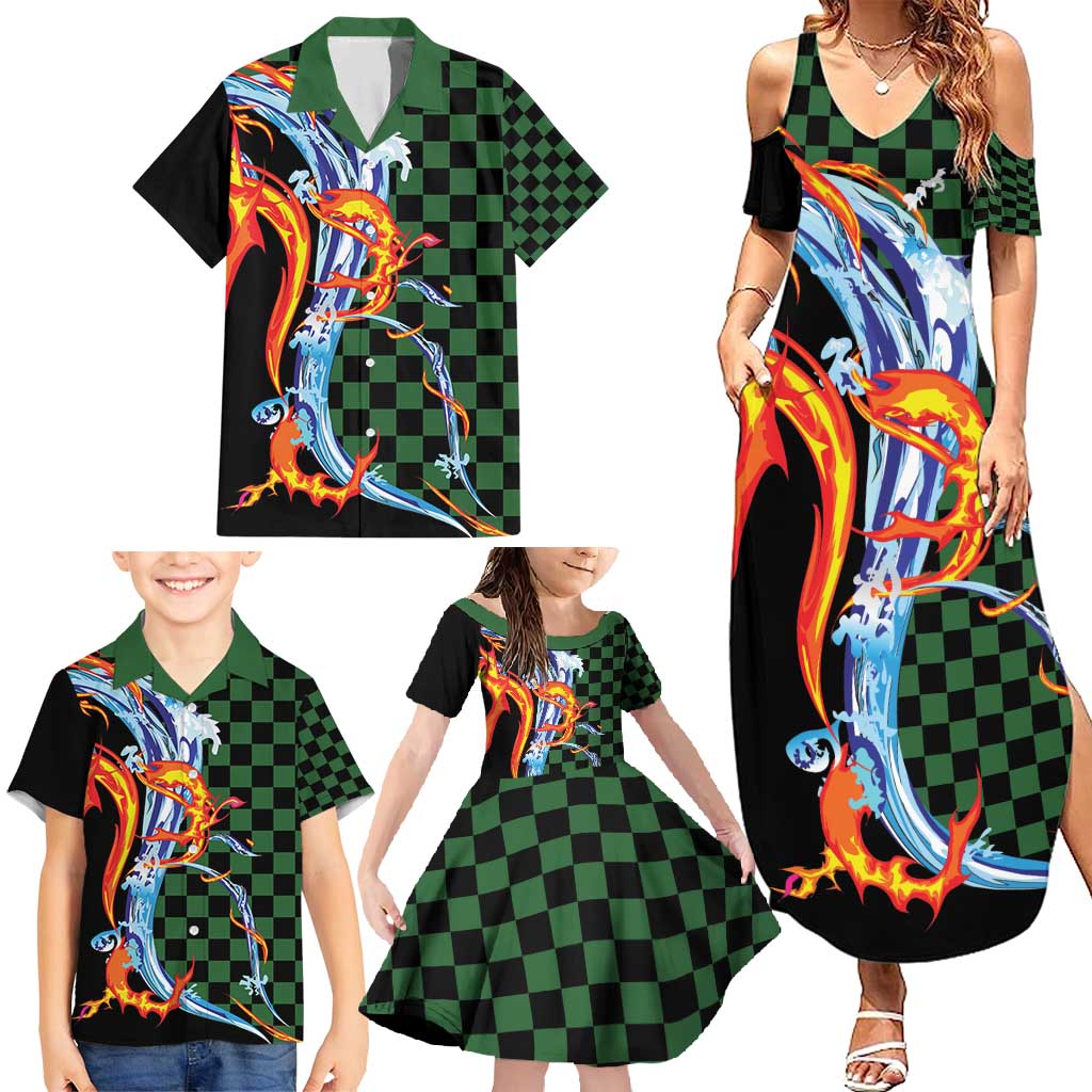 Japanese Asanoha Pattern Family Matching Summer Maxi Dress and Hawaiian Shirt Sun Flame Slayer Dragon Hinokami Kagura Spirit - Wonder Print Shop