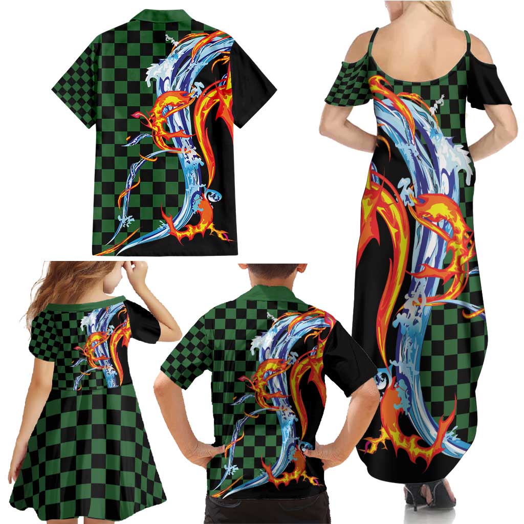 Japanese Asanoha Pattern Family Matching Summer Maxi Dress and Hawaiian Shirt Sun Flame Slayer Dragon Hinokami Kagura Spirit - Wonder Print Shop