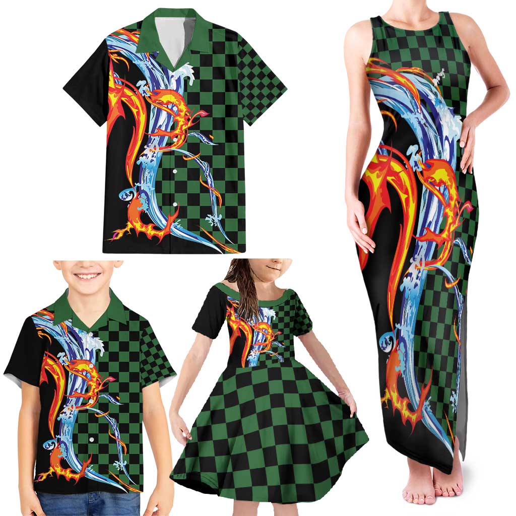 Japanese Asanoha Pattern Family Matching Tank Maxi Dress and Hawaiian Shirt Sun Flame Slayer Dragon Hinokami Kagura Spirit - Wonder Print Shop