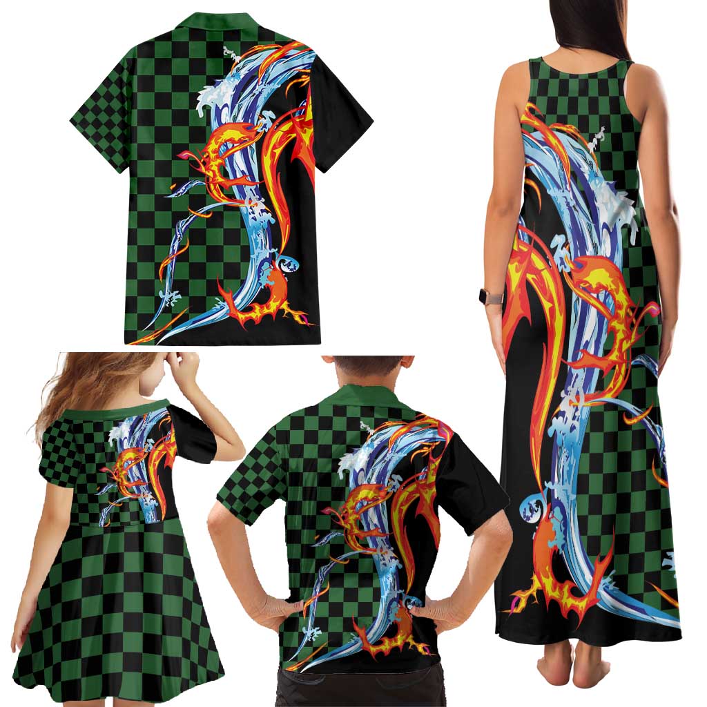 Japanese Asanoha Pattern Family Matching Tank Maxi Dress and Hawaiian Shirt Sun Flame Slayer Dragon Hinokami Kagura Spirit - Wonder Print Shop