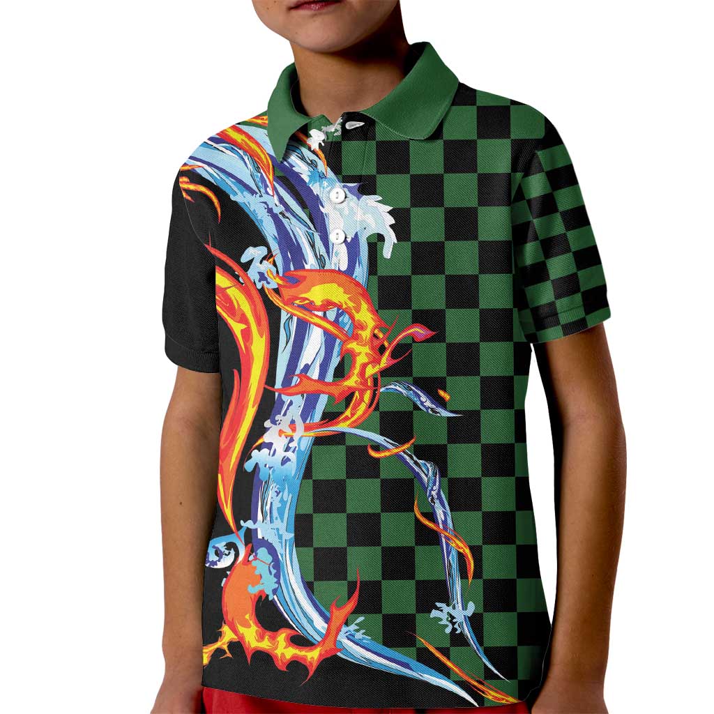 Japanese Asanoha Pattern Kid Polo Shirt Sun Flame Slayer Dragon Hinokami Kagura Spirit - Wonder Print Shop