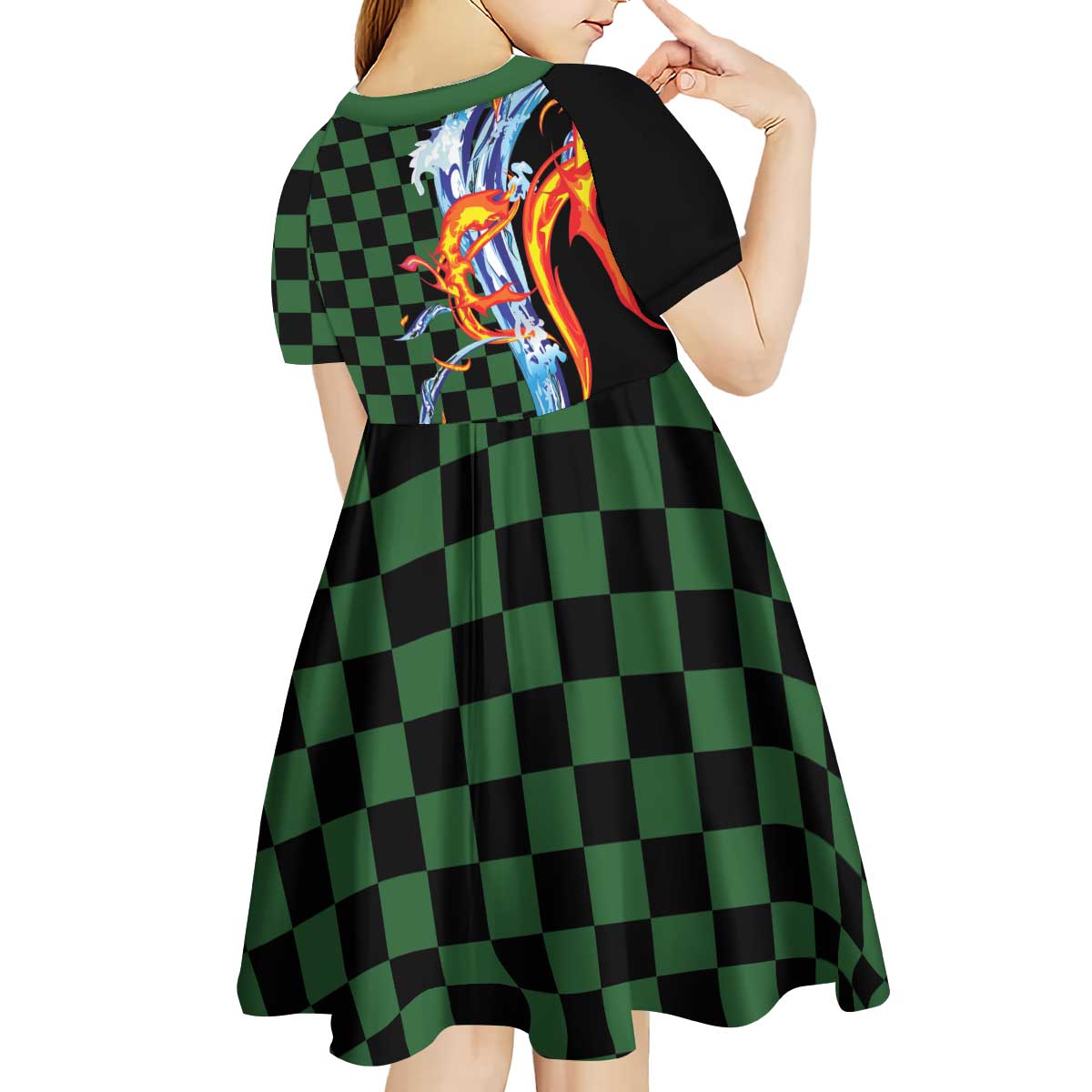 Japanese Asanoha Pattern Kid Short Sleeve Dress Sun Flame Slayer Dragon Hinokami Kagura Spirit - Wonder Print Shop