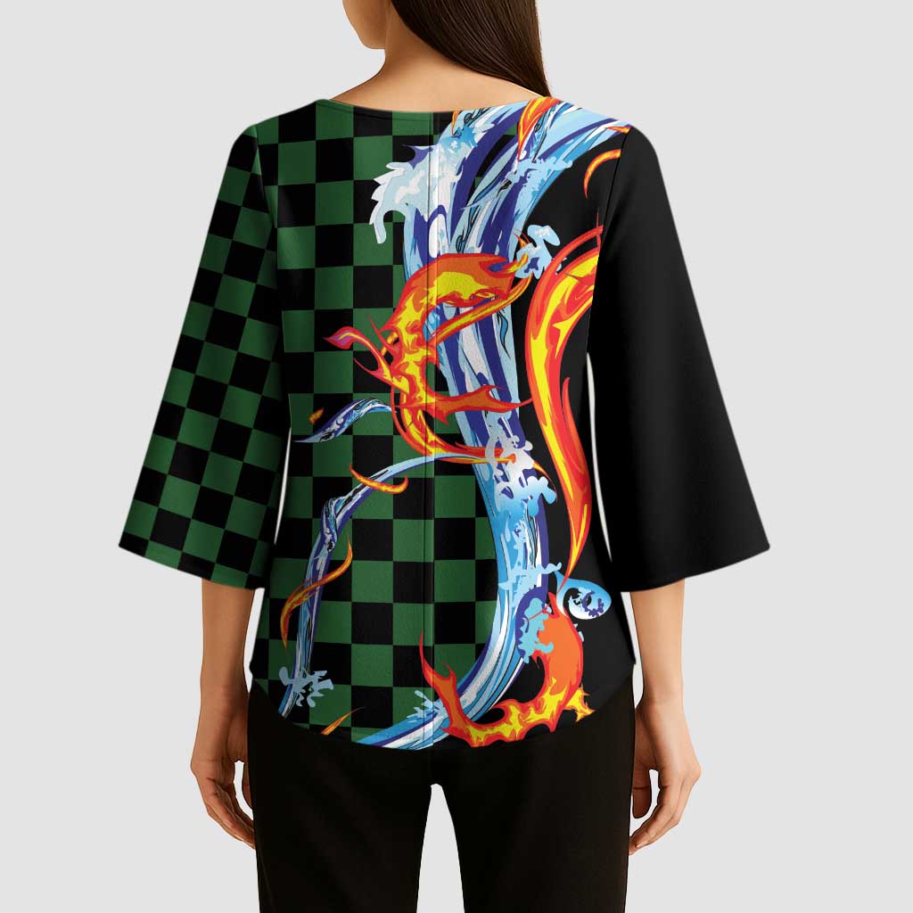 Japanese Asanoha Pattern Kimono Sleeve Blouse Sun Flame Slayer Dragon Hinokami Kagura Spirit - Wonder Print Shop