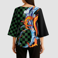 Japanese Asanoha Pattern Kimono Sleeve Blouse Sun Flame Slayer Dragon Hinokami Kagura Spirit - Wonder Print Shop