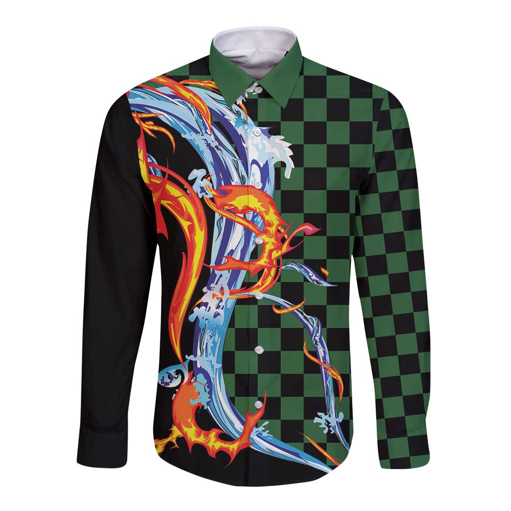 Japanese Asanoha Pattern Long Sleeve Button Shirt Sun Flame Slayer Dragon Hinokami Kagura Spirit - Wonder Print Shop