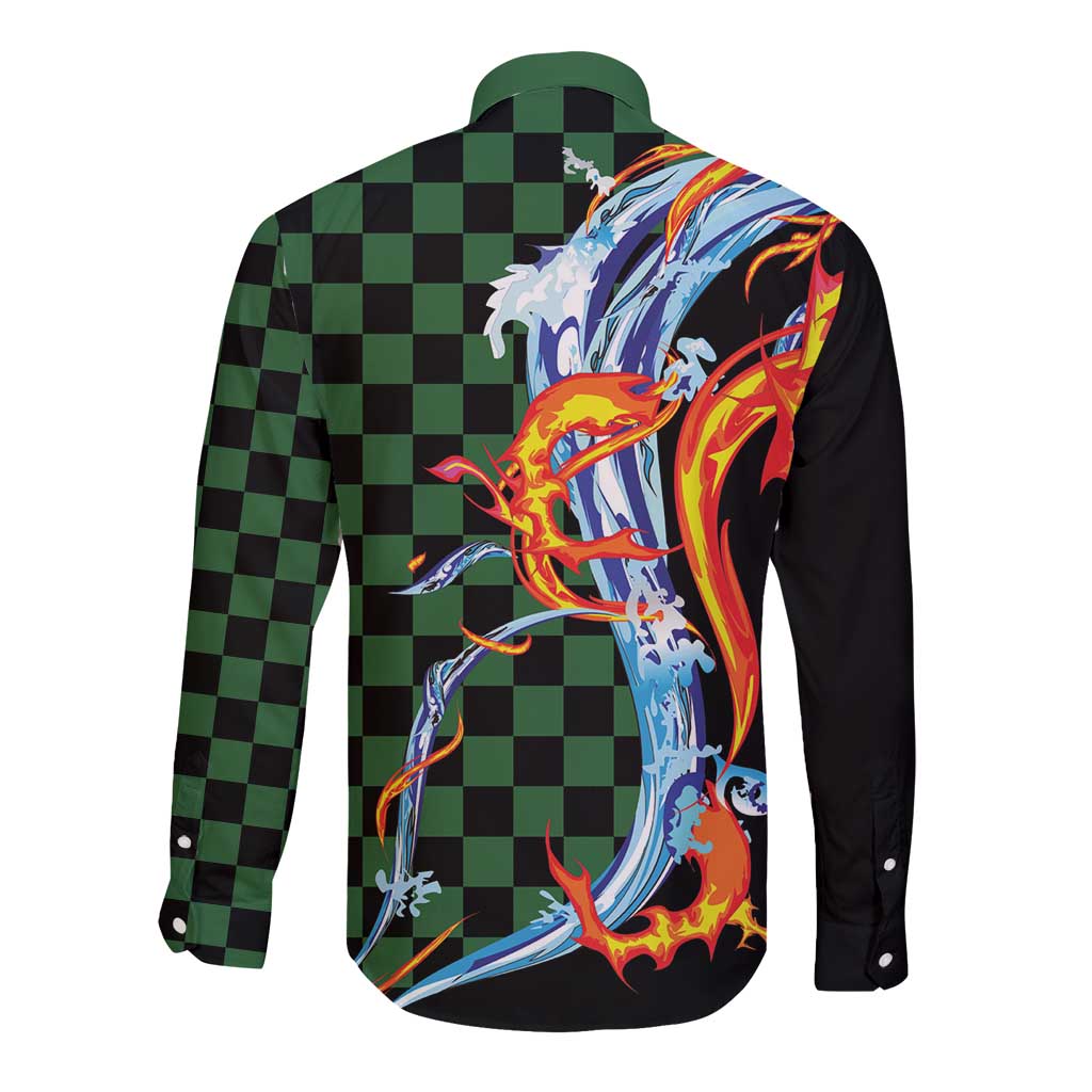 Japanese Asanoha Pattern Long Sleeve Button Shirt Sun Flame Slayer Dragon Hinokami Kagura Spirit - Wonder Print Shop