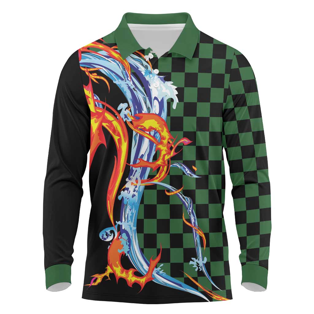 Japanese Asanoha Pattern Long Sleeve Polo Shirt Sun Flame Slayer Dragon Hinokami Kagura Spirit - Wonder Print Shop