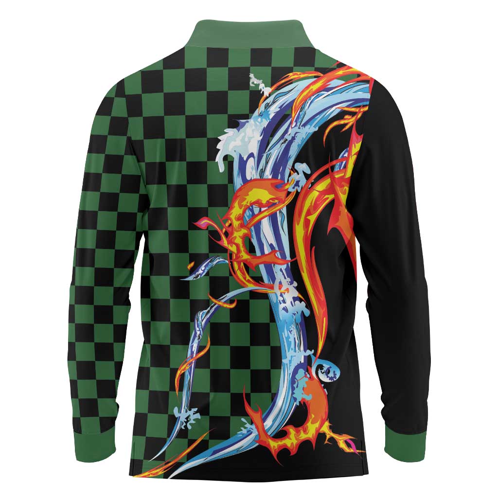 Japanese Asanoha Pattern Long Sleeve Polo Shirt Sun Flame Slayer Dragon Hinokami Kagura Spirit - Wonder Print Shop