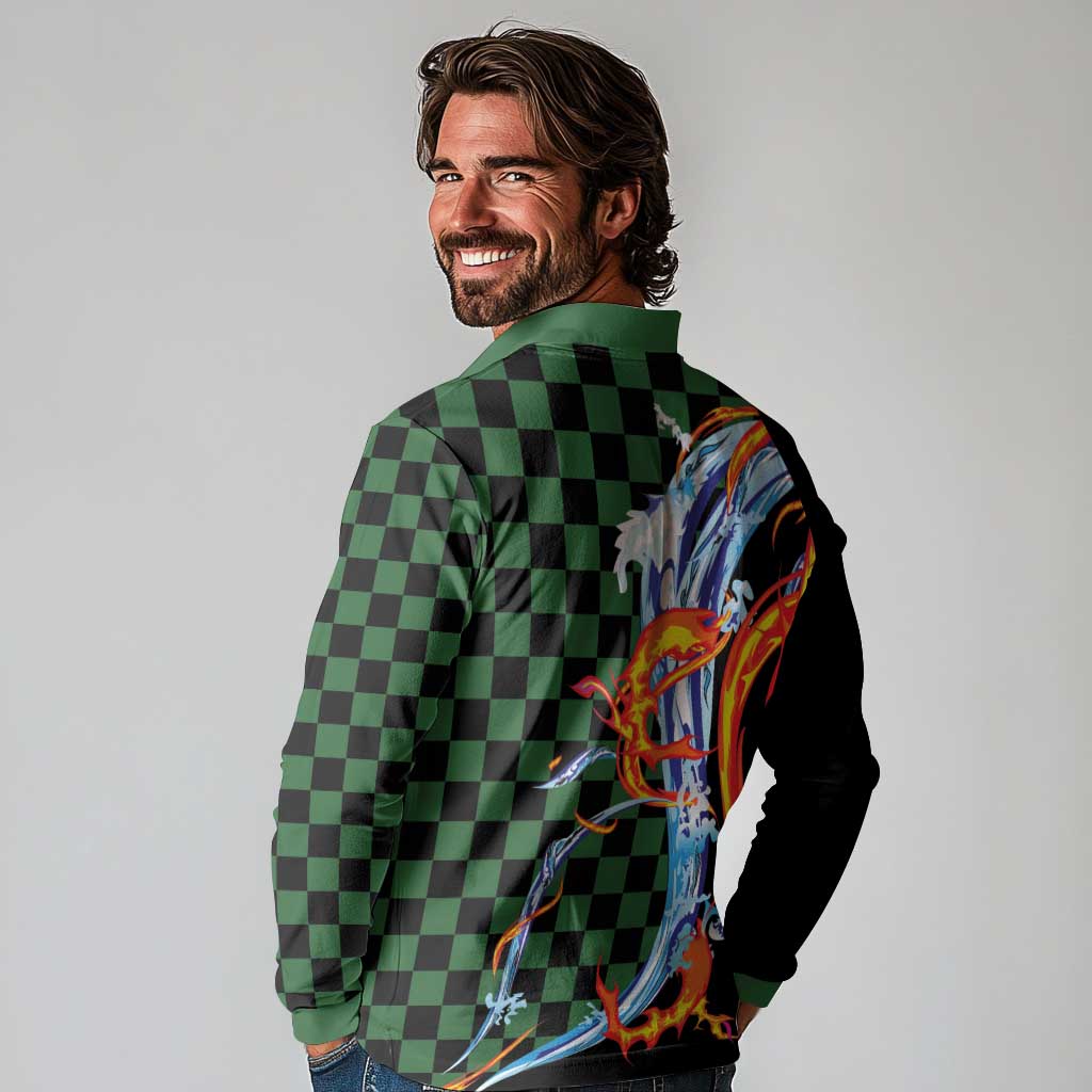 Japanese Asanoha Pattern Long Sleeve Polo Shirt Sun Flame Slayer Dragon Hinokami Kagura Spirit - Wonder Print Shop