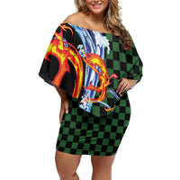 Japanese Asanoha Pattern Off Shoulder Short Dress Sun Flame Slayer Dragon Hinokami Kagura Spirit - Wonder Print Shop