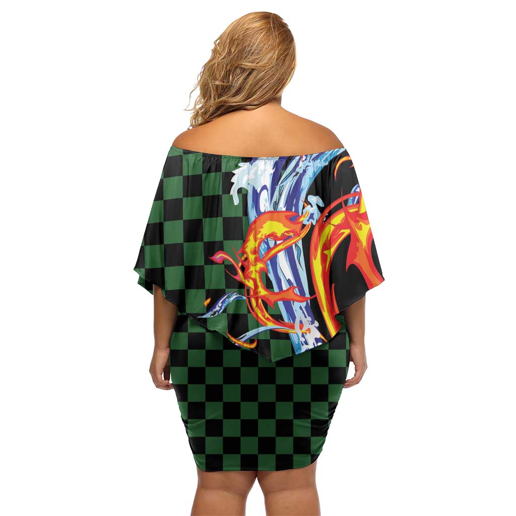 Japanese Asanoha Pattern Off Shoulder Short Dress Sun Flame Slayer Dragon Hinokami Kagura Spirit - Wonder Print Shop
