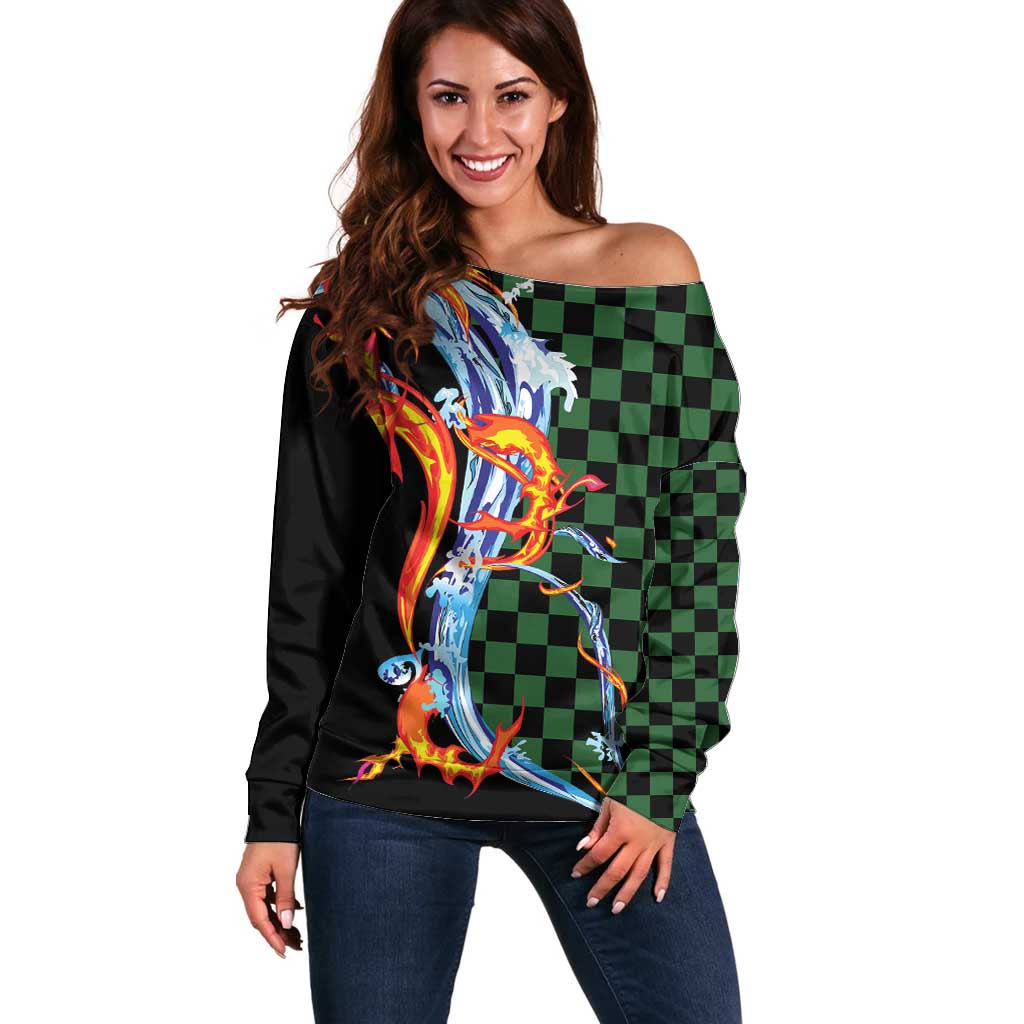 Japanese Asanoha Pattern Off Shoulder Sweater Sun Flame Slayer Dragon Hinokami Kagura Spirit - Wonder Print Shop