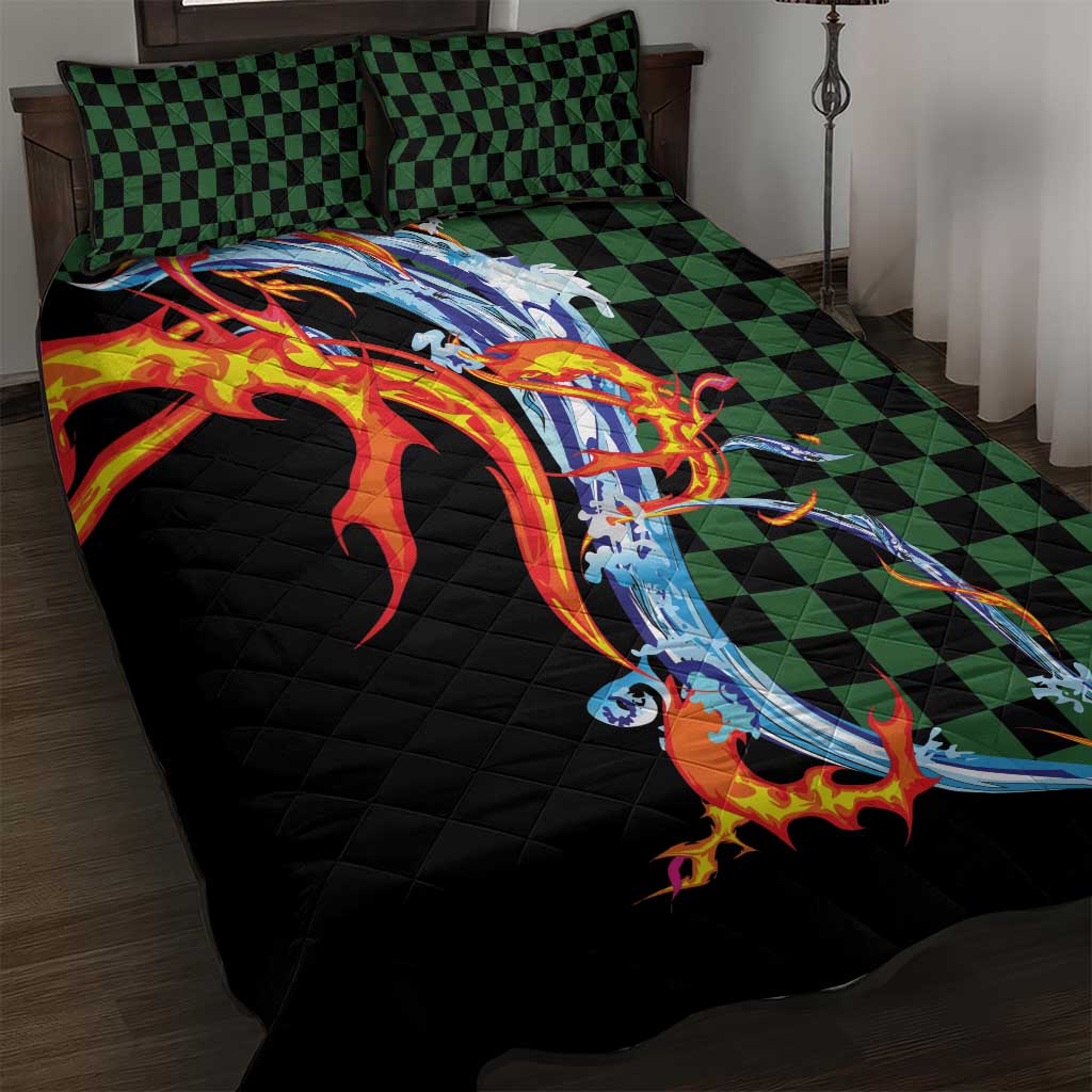 Japanese Asanoha Pattern Quilt Bed Set Sun Flame Slayer Dragon Hinokami Kagura Spirit - Wonder Print Shop