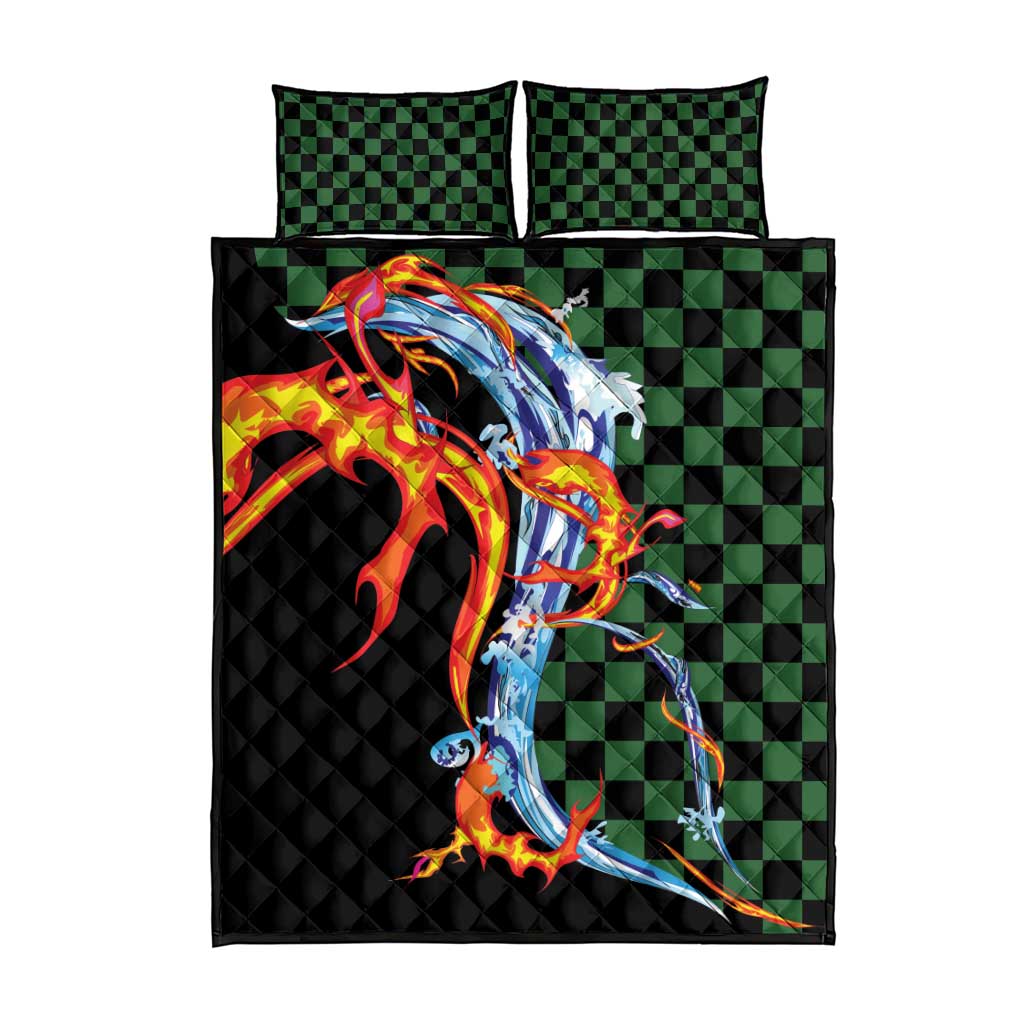 Japanese Asanoha Pattern Quilt Bed Set Sun Flame Slayer Dragon Hinokami Kagura Spirit - Wonder Print Shop