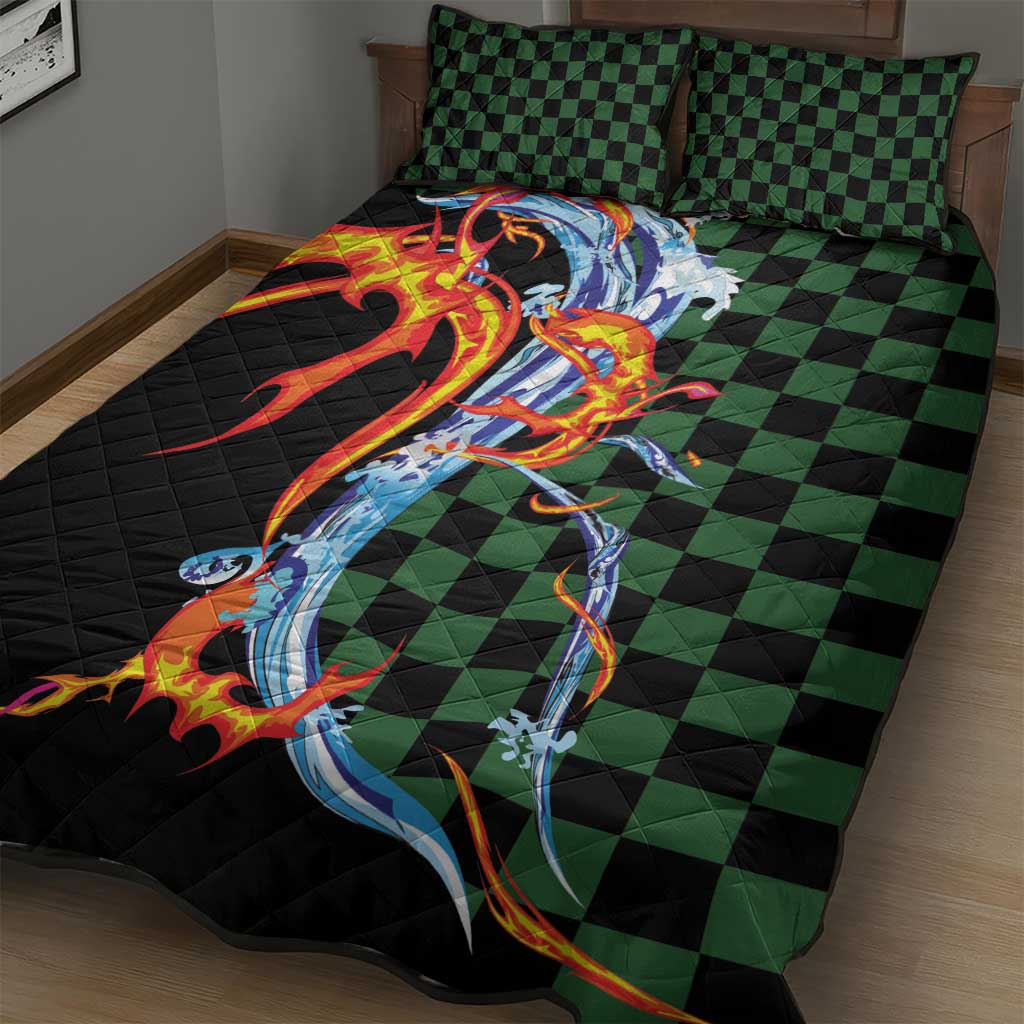 Japanese Asanoha Pattern Quilt Bed Set Sun Flame Slayer Dragon Hinokami Kagura Spirit - Wonder Print Shop