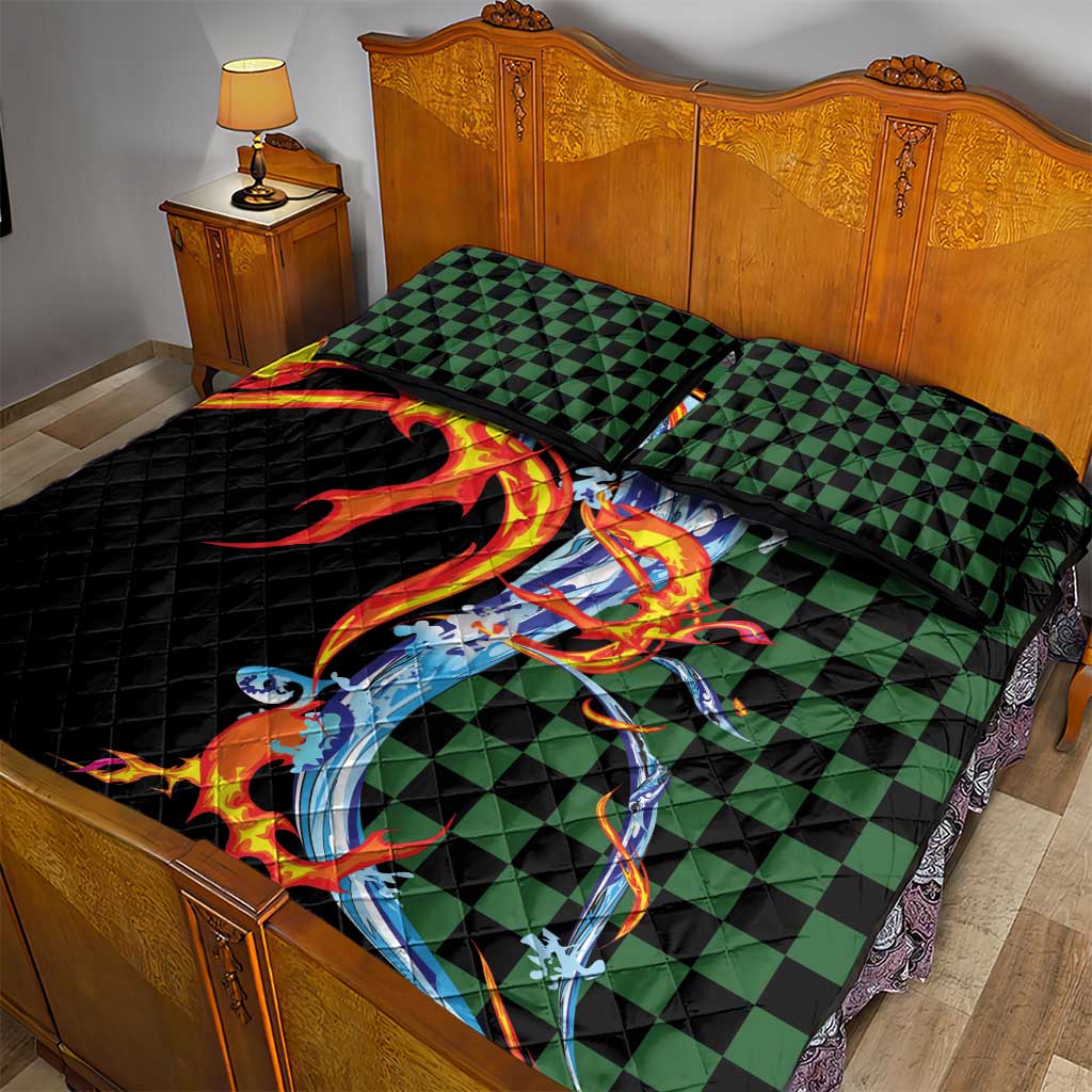 Japanese Asanoha Pattern Quilt Bed Set Sun Flame Slayer Dragon Hinokami Kagura Spirit - Wonder Print Shop